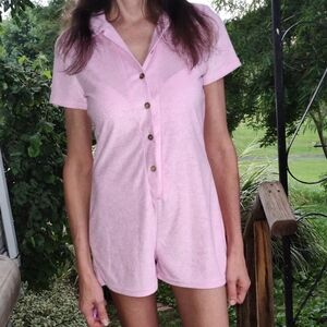 Pink Women's Short Sleeve Button Terry Cloth Romper